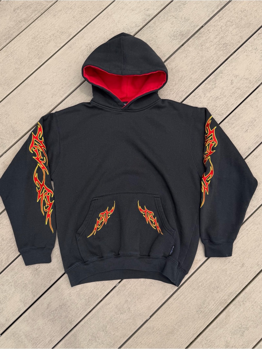 Y2K Silver Point Sweatshirt Hoodie Black Fleece Tribal Flame Grunge Boys Large